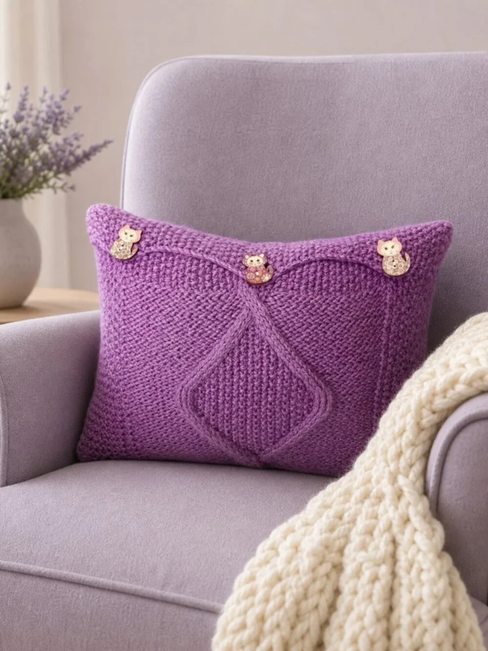 Hand Crafted Knit Throw Pillow Orchid Lilac Cat Buttons Sofa Couch Essenti…